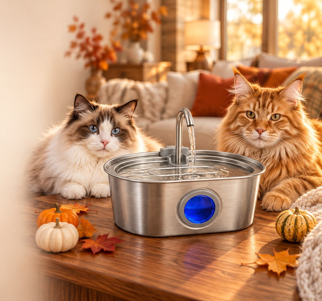 A Ragdoll and a Maine Coon with the Pawira fountain in a cozy fall living room