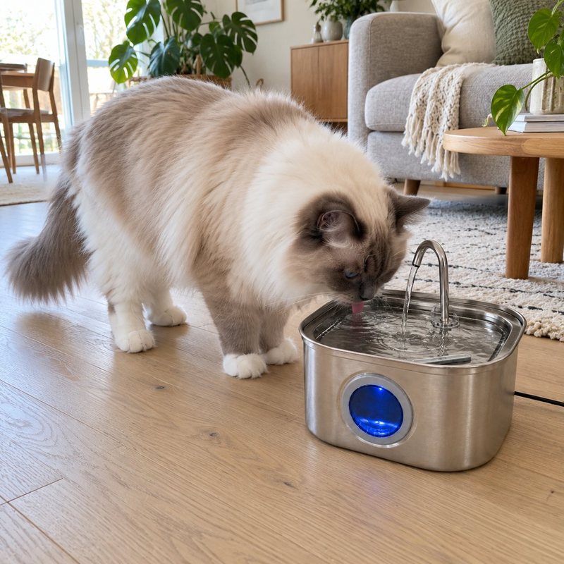 Ragdoll drikker fra Mjauva-fontænen