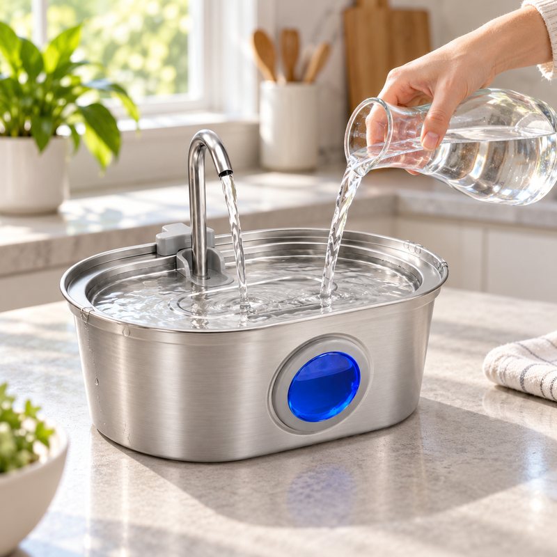 Fresh water poured into the brushed 316 steel Pawira
