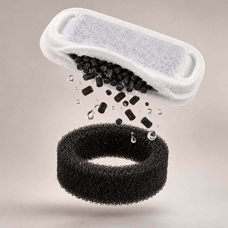 Pawira pre-filter sponge and a carbon pad split open