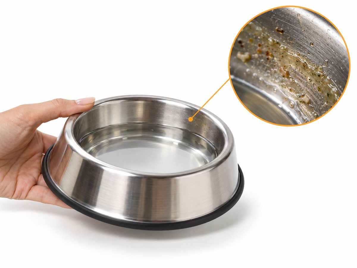 A clean looking steel cat bowl, magnified to show slime and debris on the inside wall